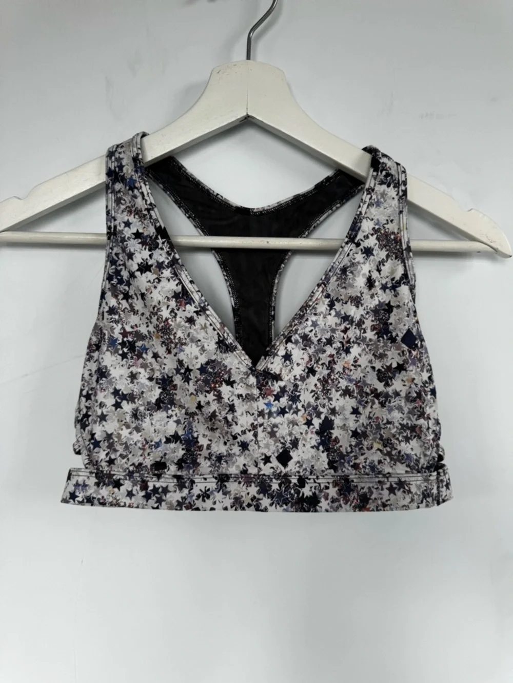 Victoria Sport Strappy Back Sports Bra with Blue Purple White Star Pattern Sz M